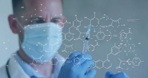 Doctor analyzing syringe with molecular science overlay