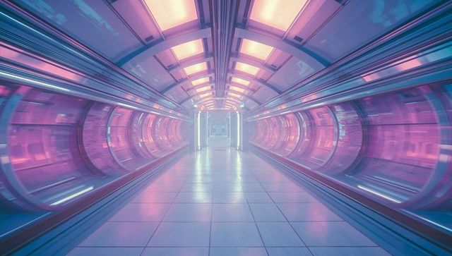 Futuristic neon-lit tunnel corridor in high-tech transit center