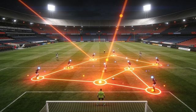 Football tactical network overlay night stadium showing player positions and passing lines