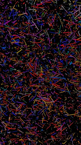 Vertical neon confetti zooming loop revealing colorful lines and dots on black backdrop