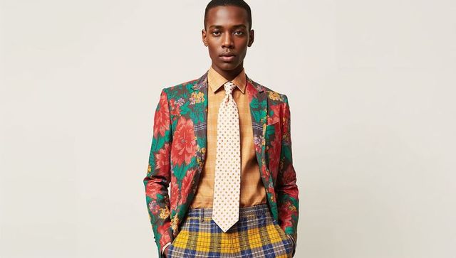Standing model wearing floral blazer and plaid trousers mixing bold patterns for menswear