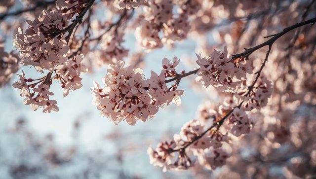 Sunlit pale pink cherry blossoms blooming on dark branches with soft pastel bokeh