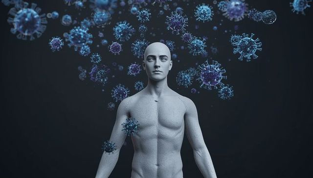 Digital Human Figure Surrounded by Virus Particles in Virtual Space