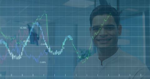 Business Data Overlay on Smiling Professional in Modern Office