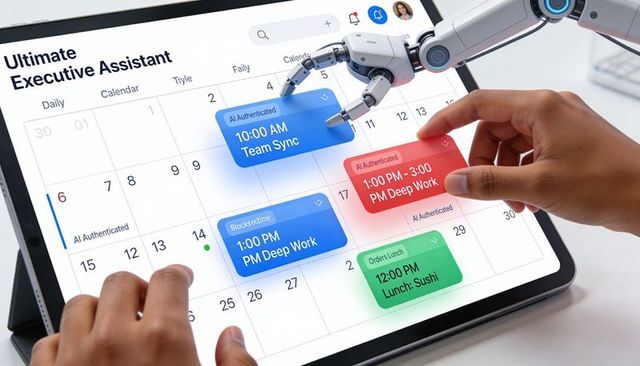 Human and robot collaborating on tablet calendar interface for ai-driven scheduling