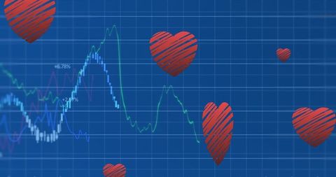 Financial Graphs with Red Hearts Overlay on Blue Background