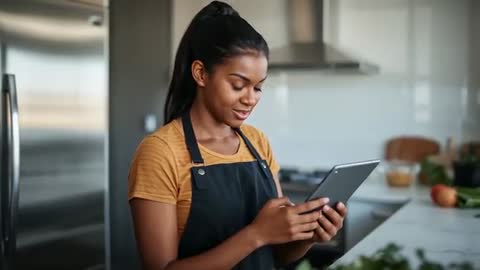 Black woman chef using tablet to follow recipe while prepping vegetables on kitchen island