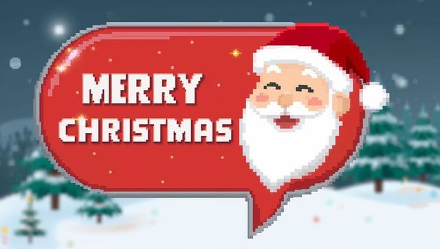 Retro pixel santa speech bubble saying merry christmas over snowy forest night