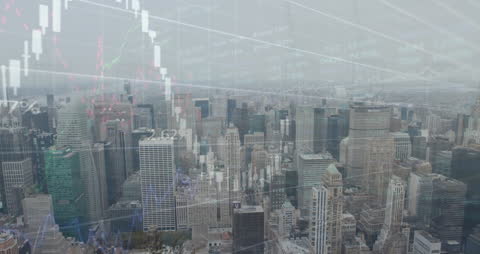 Global Financial Markets Overlaid on City Skyline Aerial View