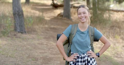 Happy Female Hiker Exploring Peaceful Forest Trail - Download Free Stock Images Pikwizard.com