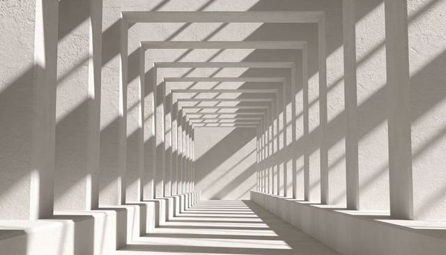 Sunlit Minimalist Concrete Corridor with Repeating Rectangular Frames and Diagonal Shadows
