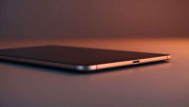 Sleek smartphone with metal frame and usb-c port lying on warm studio surface minimalist