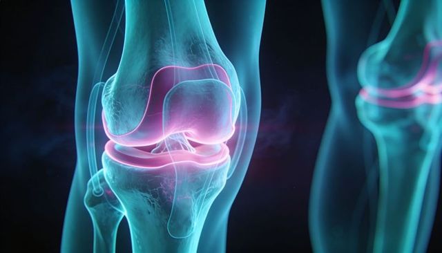 Glowing 3d anatomical knee joint illustrating femur tibia patella and menisci in neon