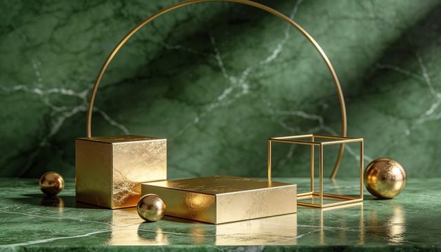 Golden geometric still life featuring emerald marble, arch and wire cube for luxury display