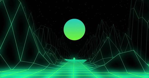 Futuristic sci-fi neon grid landscape with glowing sphere