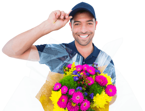 Smiling Male Delivery Person Holding Bright Floral Bouquet Transparent Background