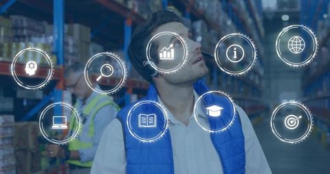 Warehouse Supervisor Inspecting Inventory with Digital Analytics Overlay and Headset