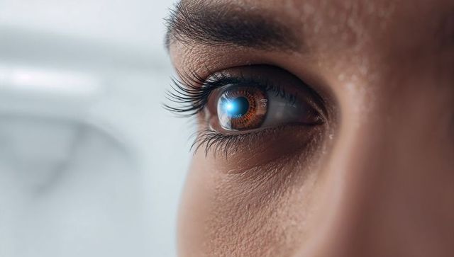 Macro close-up of brown iris showing blue tech reflection, biometric detail concept