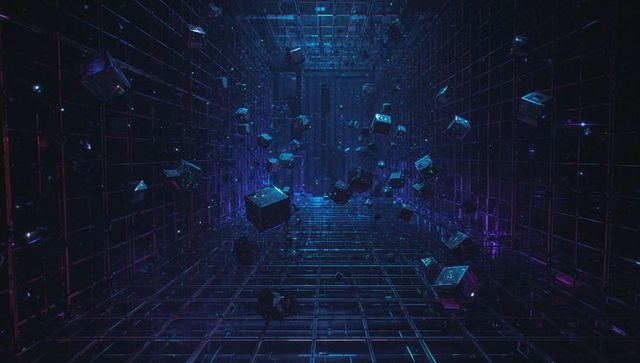Futuristic chamber with floating cubes and neon grid lines