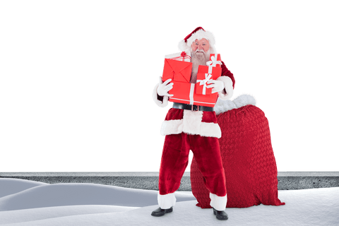 Happy Santa Claus Carrying Red Christmas Gifts Transparent Background