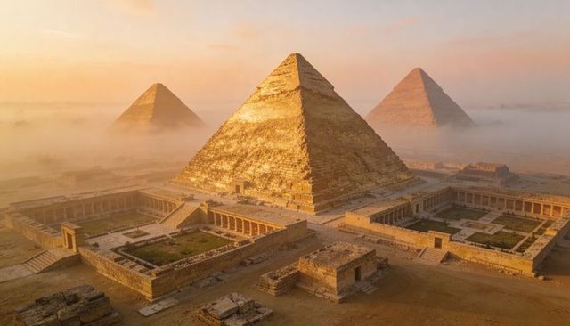 Glowing great pyramid at giza mist shrouding surrounding pyramids and ancient courtyards