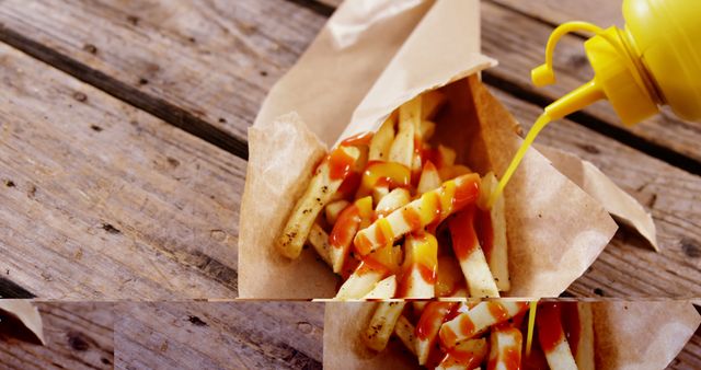 A paper bag of French fries is being drizzled with ketchup from a yellow squeeze bottle, with copy space. The image captures a common fast-food snack, highlighting the process of adding condiments to enhance flavor.