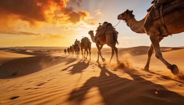 Sunset camel caravan crossing golden desert dunes, riders wearing robes and turbans