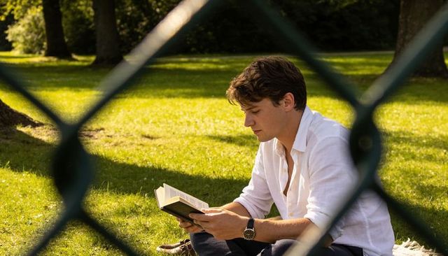 Young man reading paperback on sunlit park lawn viewed through chain-link fence
