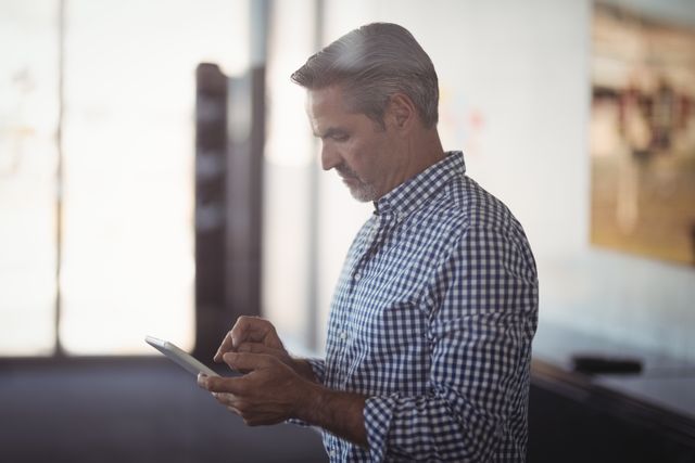 Mature businessman using digital tablet at creative office