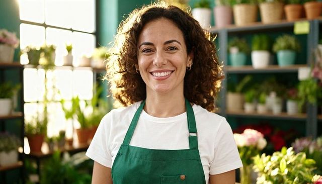Smiling female florist arranging potted plants in sunlit boutique plant shop