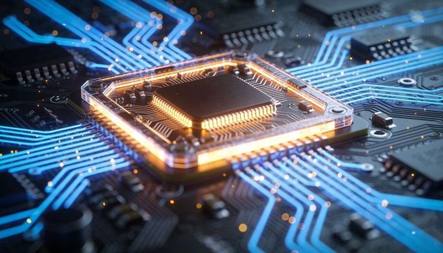 Glowing Microchip on High-Speed PCB with Illuminated Blue Traces Powering AI Edge