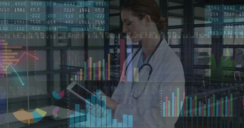 Female Doctor Using Tablet with Futuristic Graphical Data Overlay