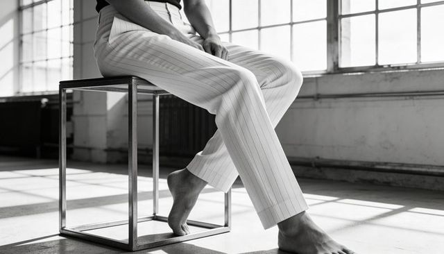 Monochrome minimalist fashion: woman sitting in pinstripe pants on cube stool in loft