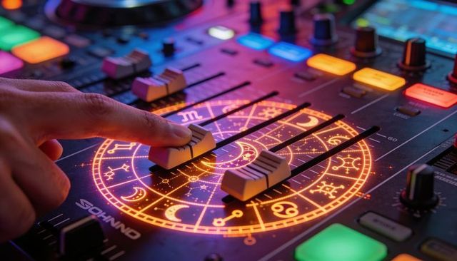 Pressing Finger Sliding DJ Controller Fader Over Neon Zodiac Interface and Magic Glow