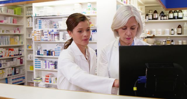 Two female pharmacists are reviewing medication information on a computer in a pharmacy. Shelves filled with various pharmaceutical products are visible in the background. This image can be used for promoting pharmacy services, illustrating teamwork in healthcare, or highlighting professionalism in the medical field.