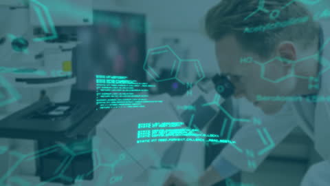 Scientist Analyzing Data with Digital Chemical Overlay