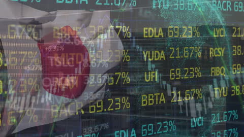 Japanese Flag with Digital Stock Market Overlays and Data Analysis