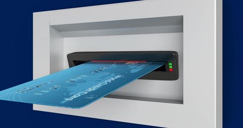 Inserting Blue EMV Chip Card into Recessed Reader with LED Indicators for Secure Payment