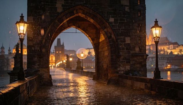 Gothic arch framing rain-soaked cobblestone bridge at dusk with lanterns and river lights
