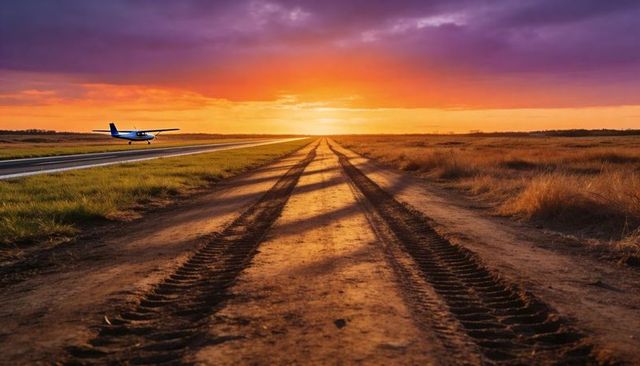 Tire tracks leading toward glowing sunset at rural airstrip with propeller plane