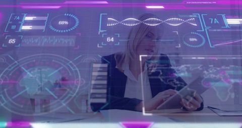 Businesswoman Analyzing Data with Futuristic Holographic Interface