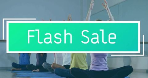 Flash sale banner over yoga studio class stretching on blue mats wellness promotion