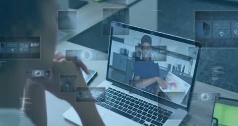Diverse Coworkers Collaborating via Video Call with Digital Overlay