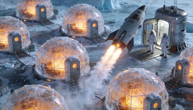 Rocket launching from polar base with geodesic habitat domes and crew observing at twilight