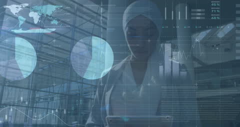 Businesswoman Analyzing Financial Data Amid Transparent Graphs