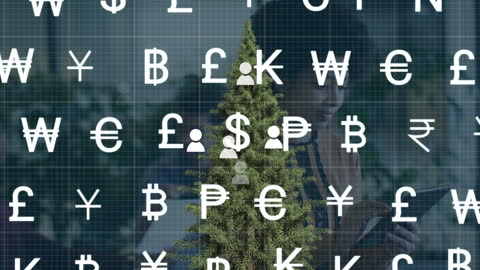 Digital Christmas Tree with Currency Symbols Over Business Setting