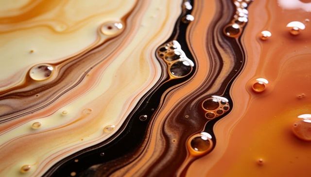 Marbled caramel and chocolate liquid flowing with glossy droplets macro abstract texture