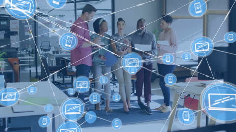 Diverse Team Collaborating in Futuristic Office with Digital Network Overlay