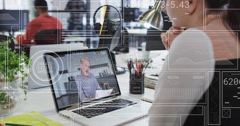 Remote video meeting in modern open office with futuristic data overlays and collaboration