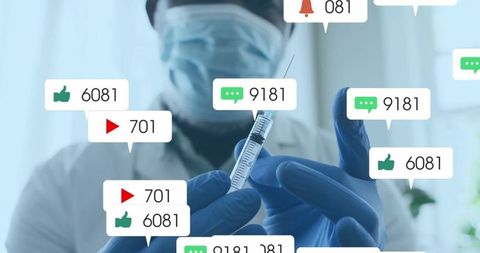 Medical professional analyzing syringe with social media interaction overlays